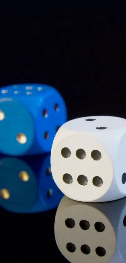 Blue and white dice on a reflective black surface mobile wallpaper.