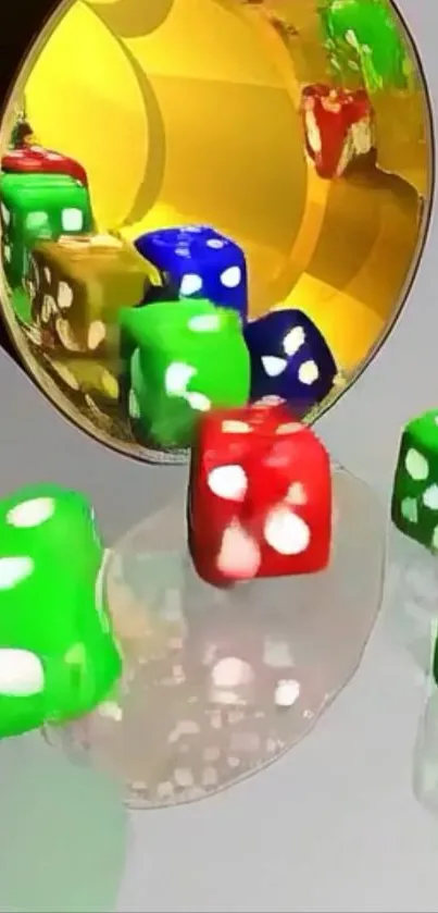 Colorful dice tumbling from a reflective golden cup on a phone wallpaper.