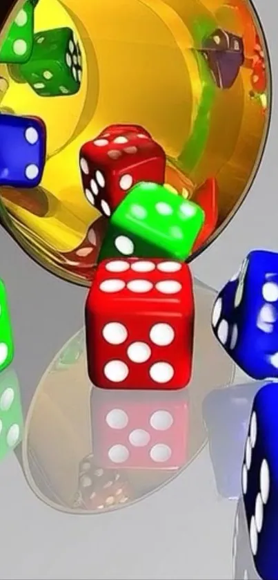 Colorful dice spilling from a cup with reflections.