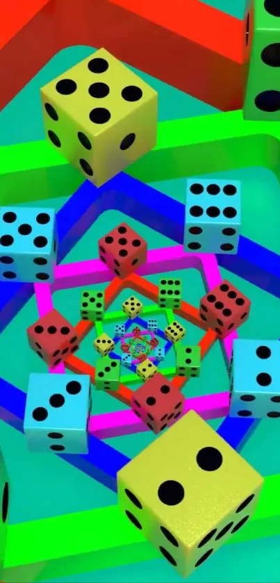 Vibrant spiral of colorful dice in abstract design.