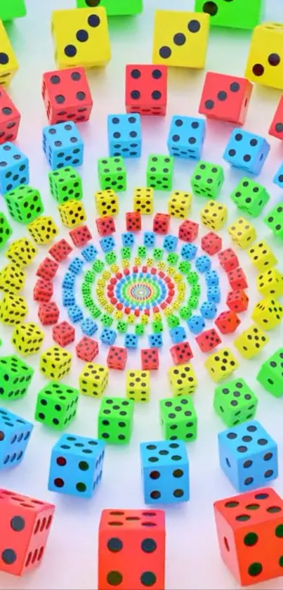 Vibrant spiral of colorful dice creating a dynamic pattern.