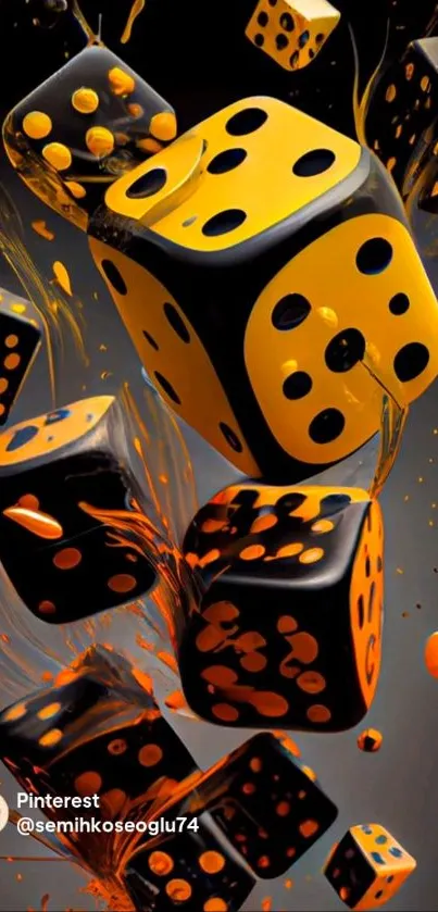 Floating black and orange dice in vibrant splash artwork.