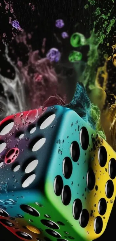 Colorful dice with splashes on a black background wallpaper.