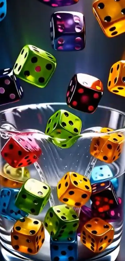 Vibrant dice bouncing into a glass.