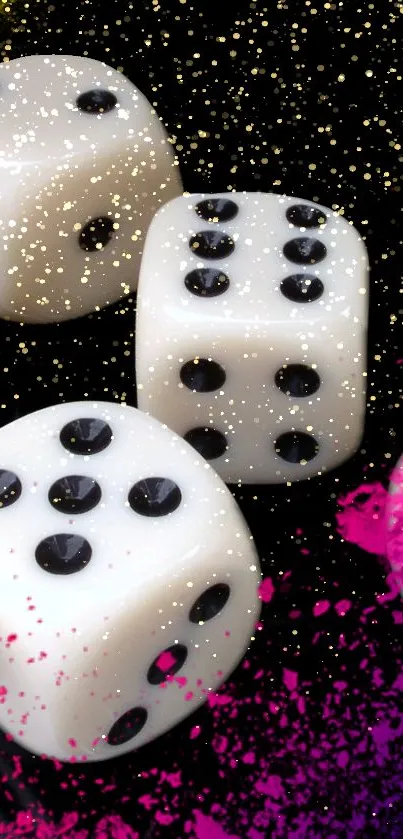 Colorful dice with paint splashes on a black background.