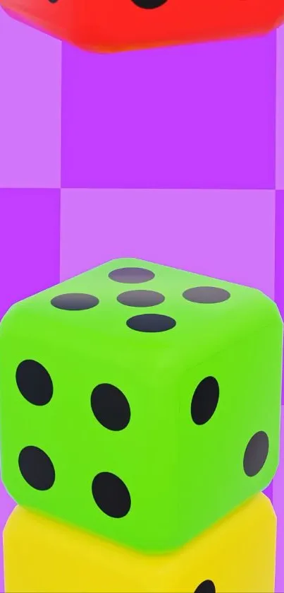 Colorful 3D dice on vibrant checkered background.