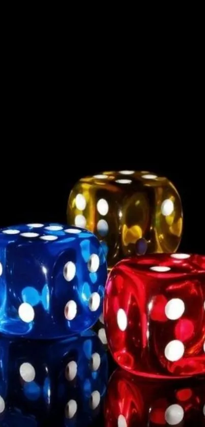 Vibrant dice on a black background with bold colors.