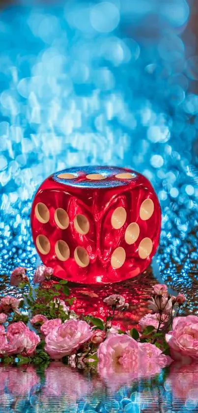 Red dice and pink roses on a blue sparkling background.