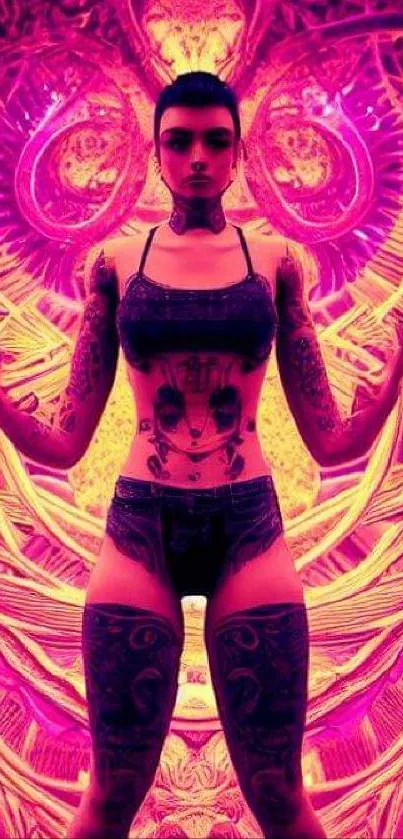 Vibrant neon digital art with tattooed figure.