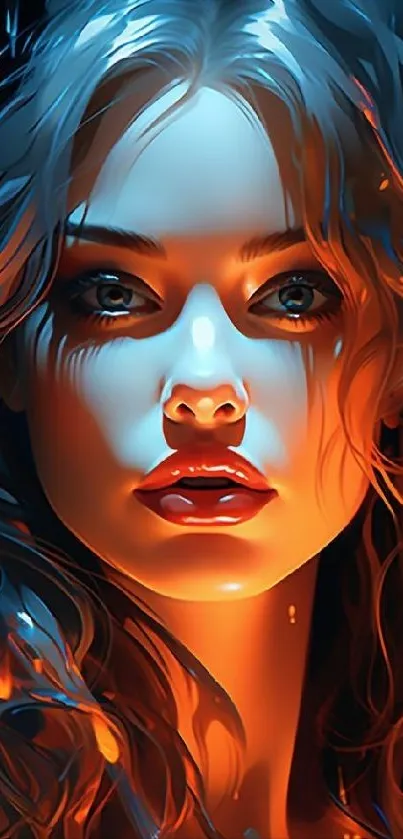 Digital art of a woman with fiery hair and glowing blue highlights.