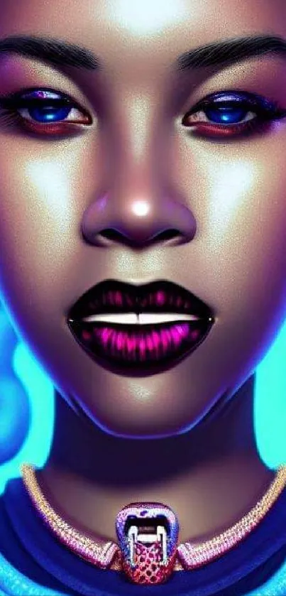 Vibrant digital art portrait with blue glow and expressive features.