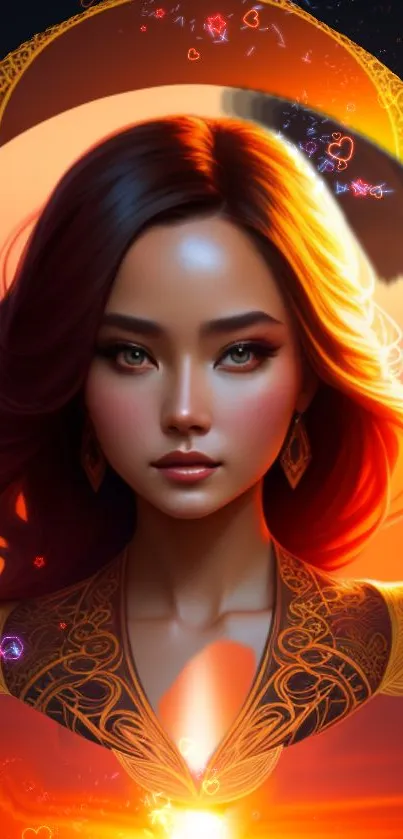 Vibrant digital art portrait with glowing orange hues and detailed design.