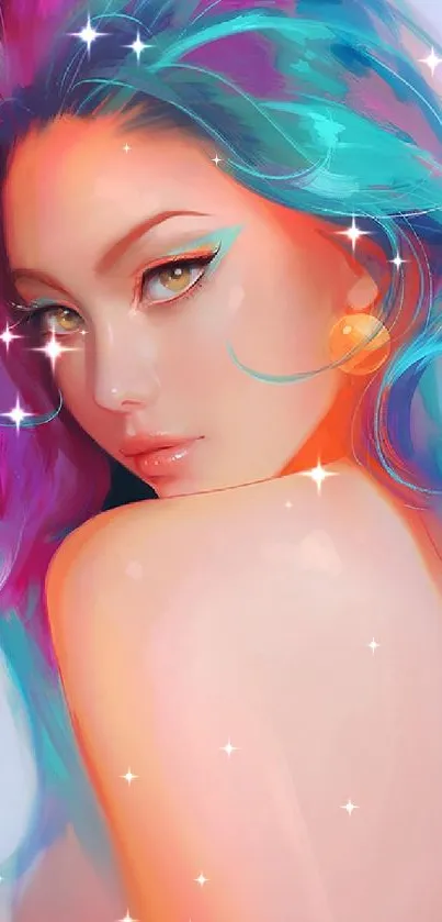 Vibrant digital portrait of a woman with colorful hair in artistic style.