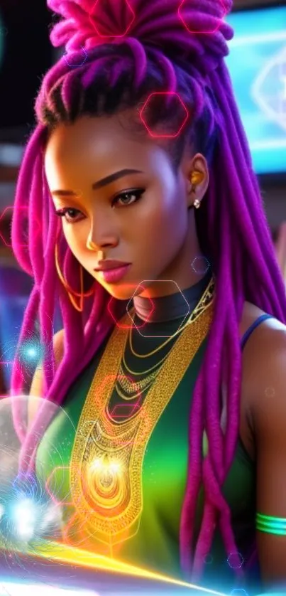 Vibrant digital art of a woman with purple braids and neon accents.