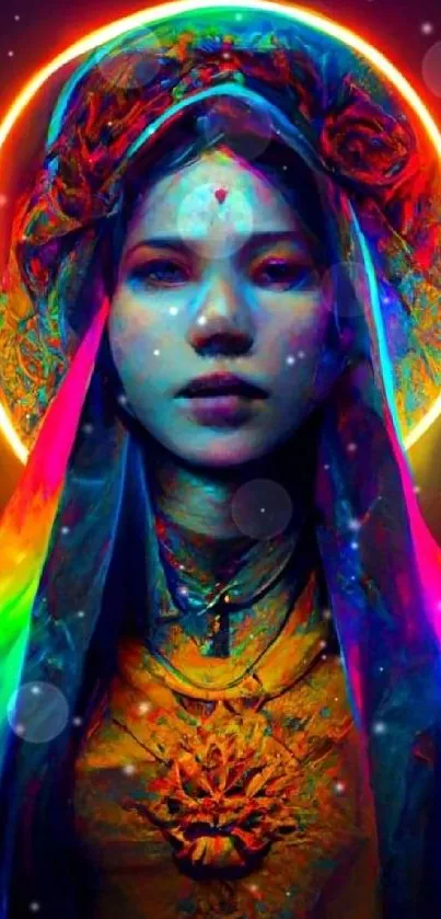 Vibrant digital artwork with neon colors and a captivating figure.