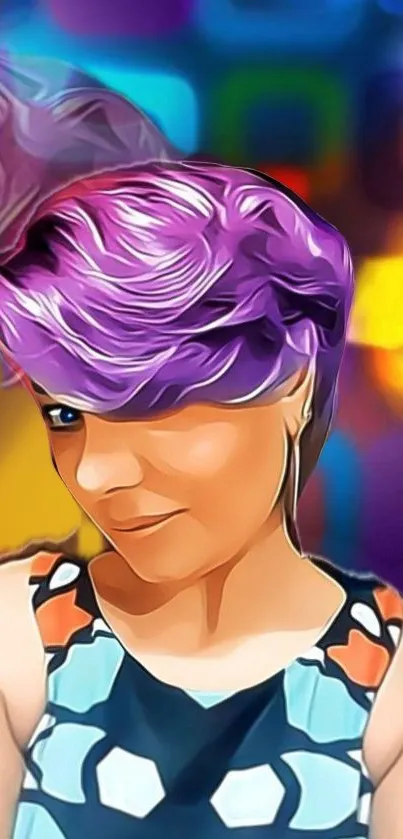 Colorful digital art wallpaper with vibrant purple hair.