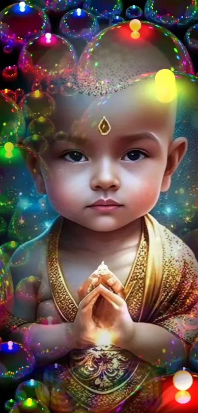 Serene child amid vibrant colorful spheres in digital art.