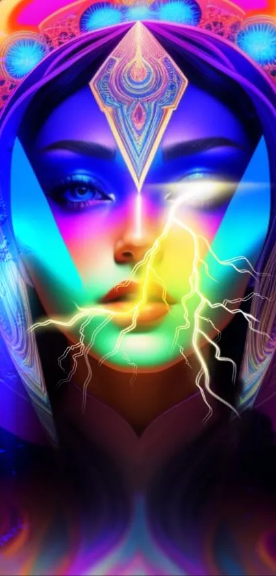 Mystical woman in vibrant neon digital artwork with lightning effects.