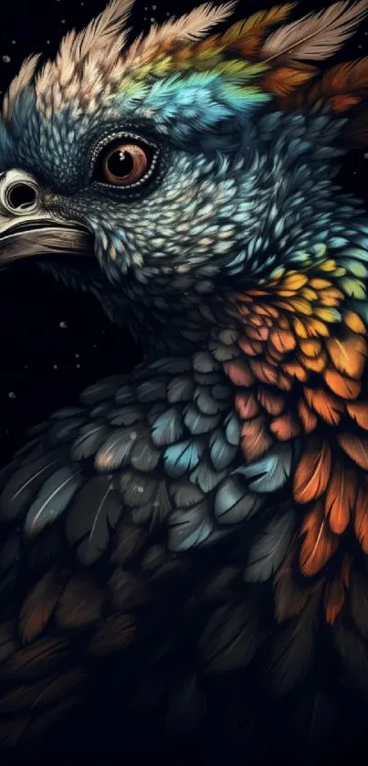 Vibrant digital art of a colorful bird on black background.