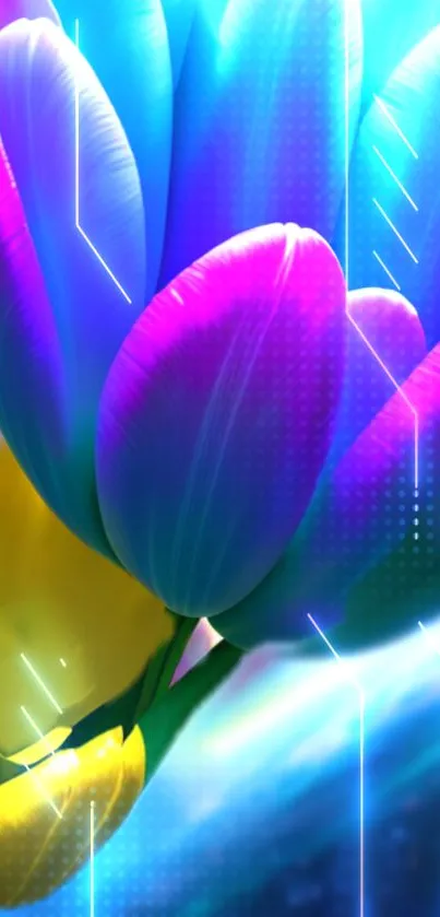 Neon flower digital art with blue and purple hues on a mobile screen.