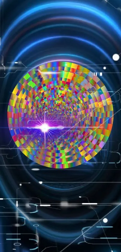 Futuristic digital wallpaper with neon galaxy and kaleidoscopic core.