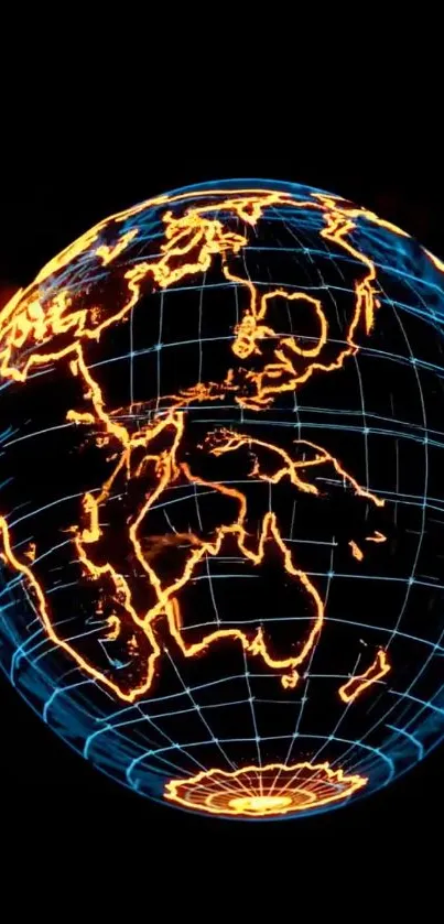 Vibrant digital globe art with neon lines on dark background.