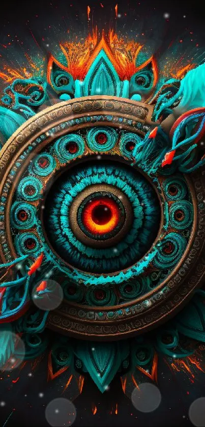 Vibrant mandala art with turquoise and orange hues on a dark background.