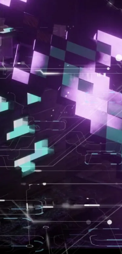 Futuristic neon blocks with purple and teal hues, showcasing digital design.