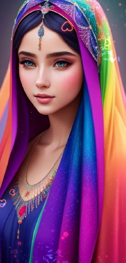 Colorful digital portrait of a woman wearing a vibrant headscarf in rainbow hues.