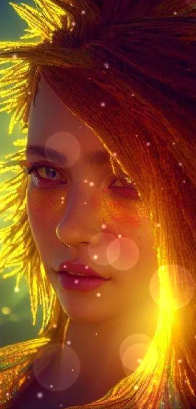 Vibrant digital portrait with golden glow, ideal for mobile wallpaper.