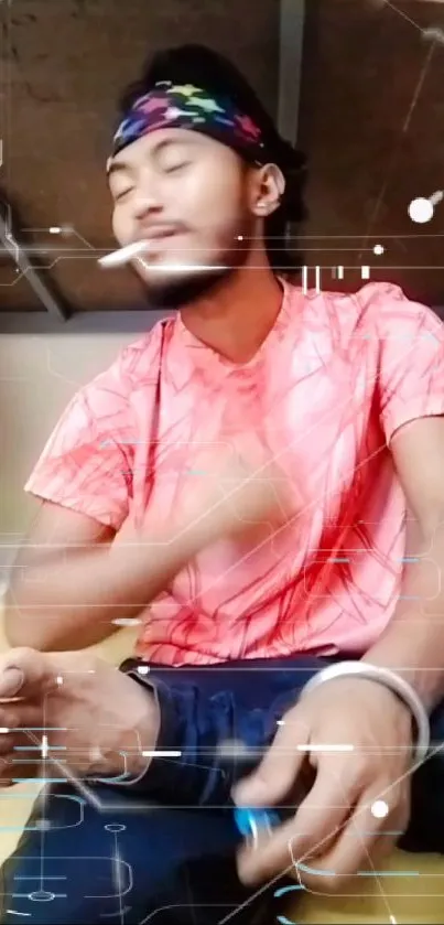 Mobile wallpaper featuring a person with a colorful headband and pink shirt.