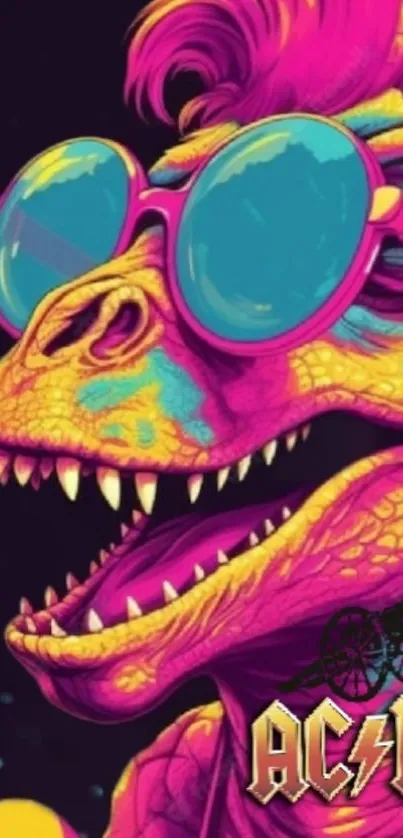 Vibrant dinosaur art with sunglasses on mobile wallpaper.