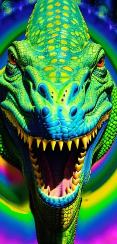 Vibrant green dinosaur art on a colorful background.