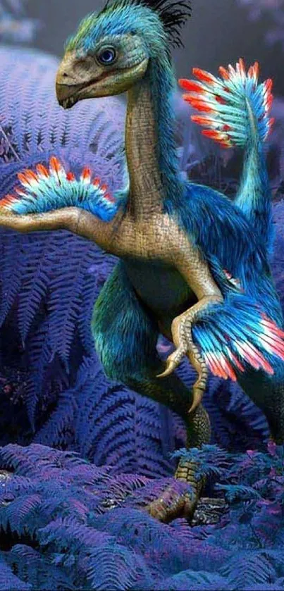 Vibrant blue and green dinosaur with colorful feathers in a purple fern forest.