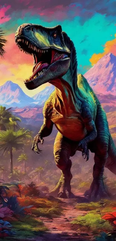 Vibrant dinosaur roaming in a colorful jungle landscape with mountains.