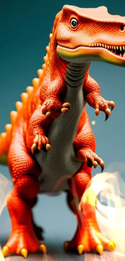 Vibrant orange dinosaur toy on a mobile wallpaper.