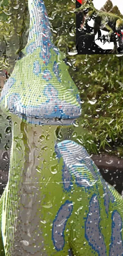 Colorful dinosaur mosaic with green, blue tones and raindrop effect.