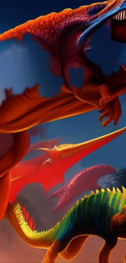 Vivid dinosaur scene at night with vibrant colors.