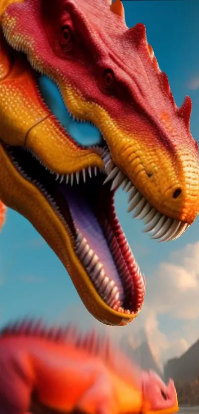 Vibrant dinosaur with open jaws, showcasing intense colors.