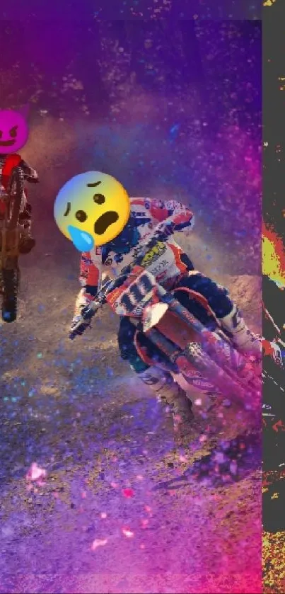 Colorful dirt bike racing scene with vibrant hues and dynamic motion.