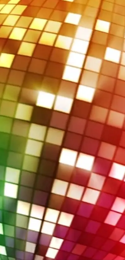 Vibrant disco ball with colorful pixelated squares.