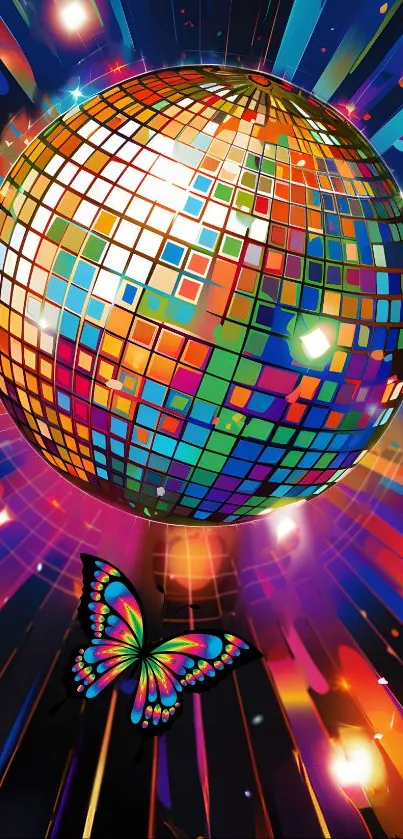 Vibrant disco ball with colorful patterns and a radiant butterfly.