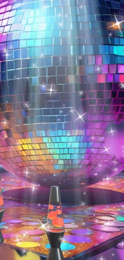Colorful disco ball with neon lights and lava lamp on dance floor.