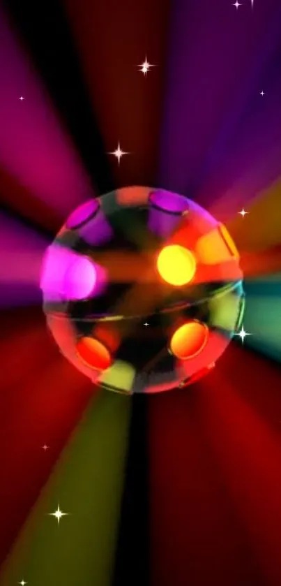 Colorful disco ball with radiant beams on a vibrant mobile wallpaper.