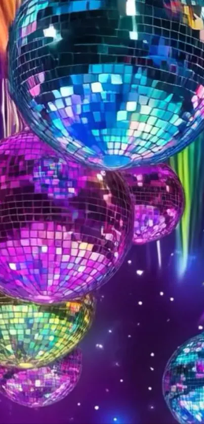 Vibrant disco balls with colorful lights on mobile wallpaper.