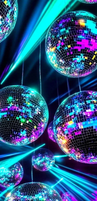 Colorful disco balls with vibrant neon lights.