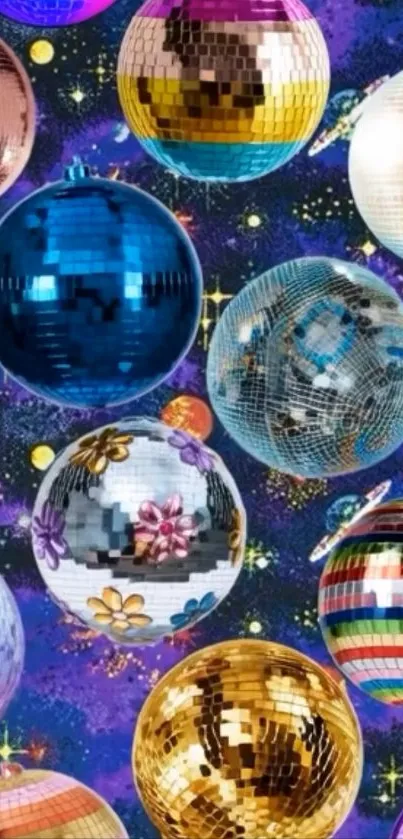 Colorful disco balls in a galaxy-themed pattern.