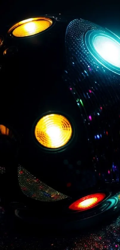 Vibrant disco ball with glowing neon colors and sparkling lights.
