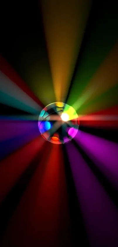 Vibrant disco ball with multi-colored light rays on a dark background.