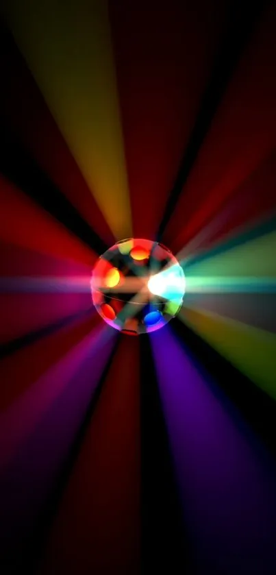 Colorful disco ball with radiant beams bursting outward.